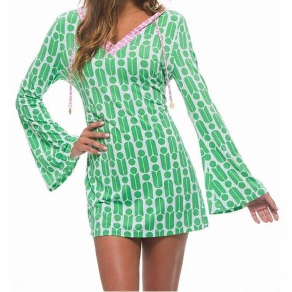 Macbeth Collection Geometric Print Bell Long Sleeve Cover Up Swimsuits Sz M NWOT - Picture 1 of 13